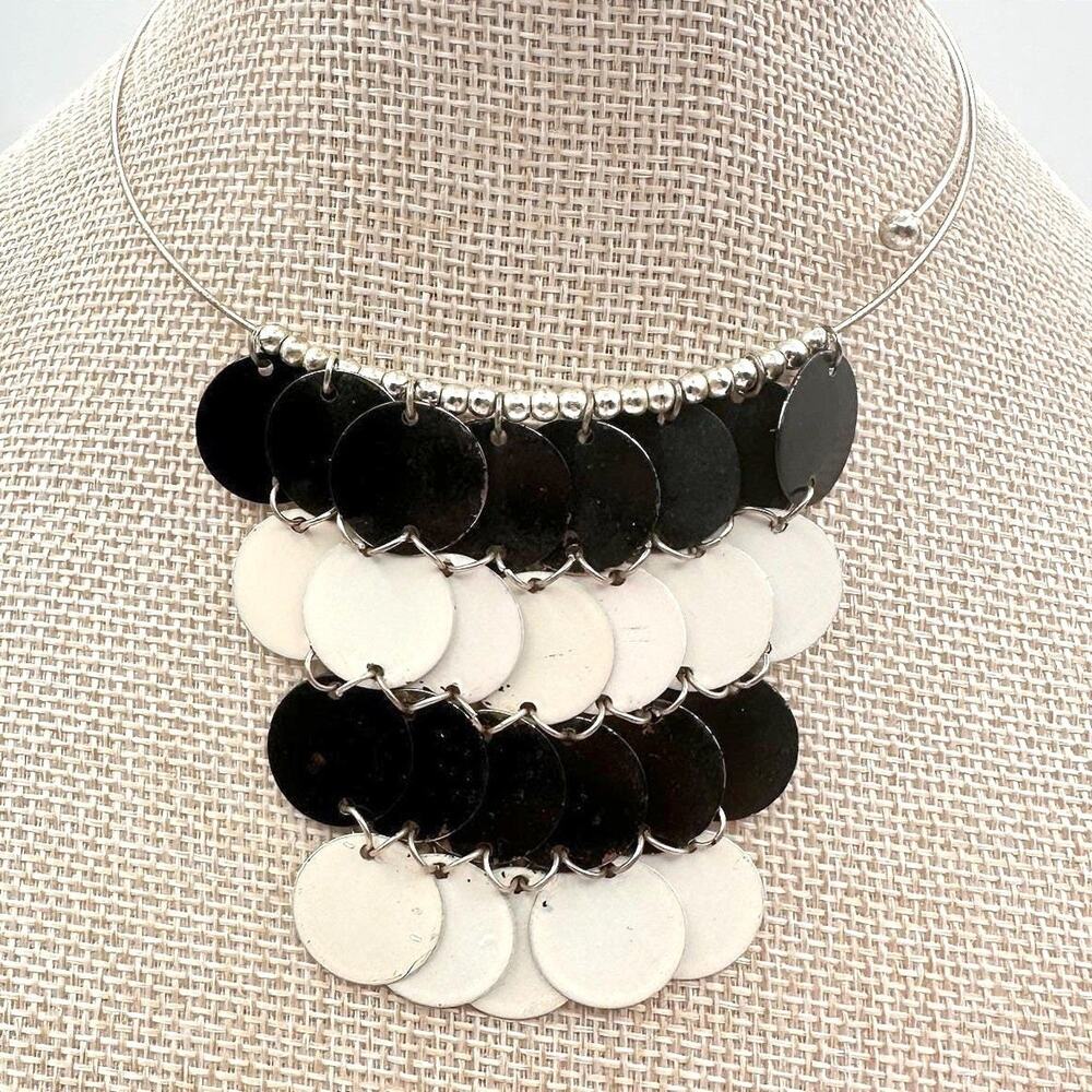 Vintage 90s Modern Black White Enamel Disc Bib Choker Metal Torque Women Jewelry